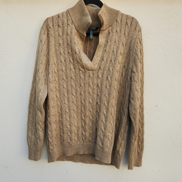 5/$100 SALE -  Vintage Ralph Lauren Gold Metallic Mock Neck Cableknit Sweater - Picture 4 of 11